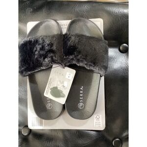 Serra Ladies Faux Fur Slides Black Slip On Comfort Sandals Size 9 NEW